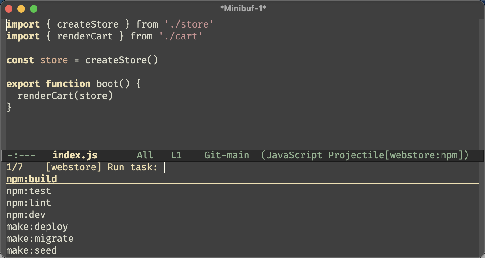 projectile-run-task offering npm scripts and Makefile targets discovered in the project