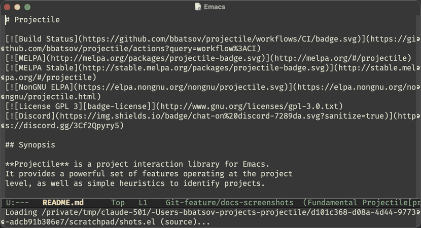 projectile-find-file narrowing the project’s files in the minibuffer