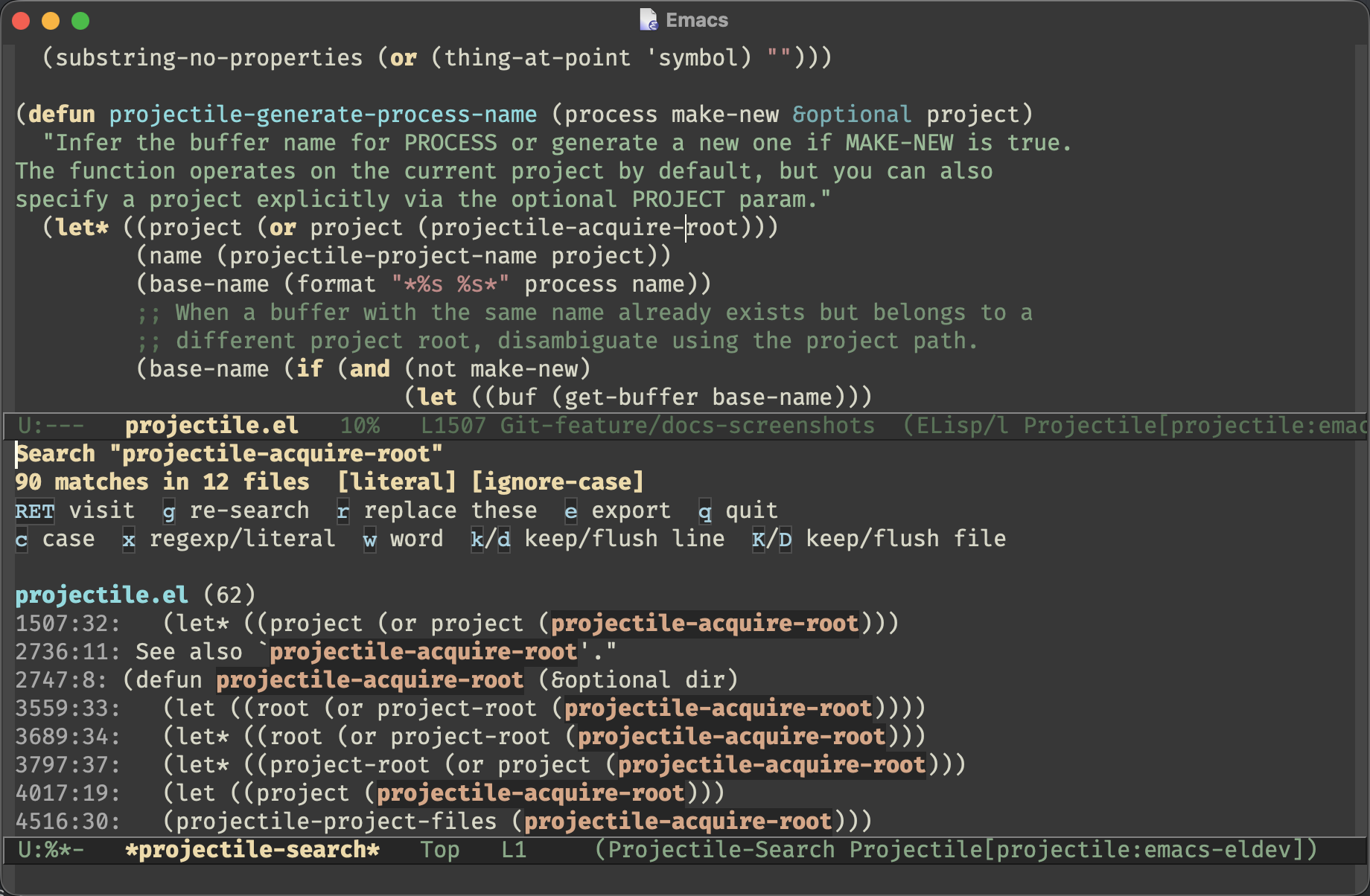 The projectile-search results buffer