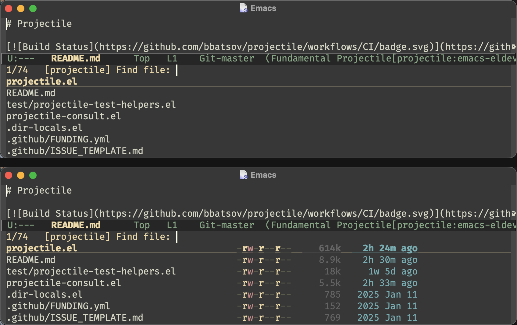 projectile-find-file without and with Marginalia annotations