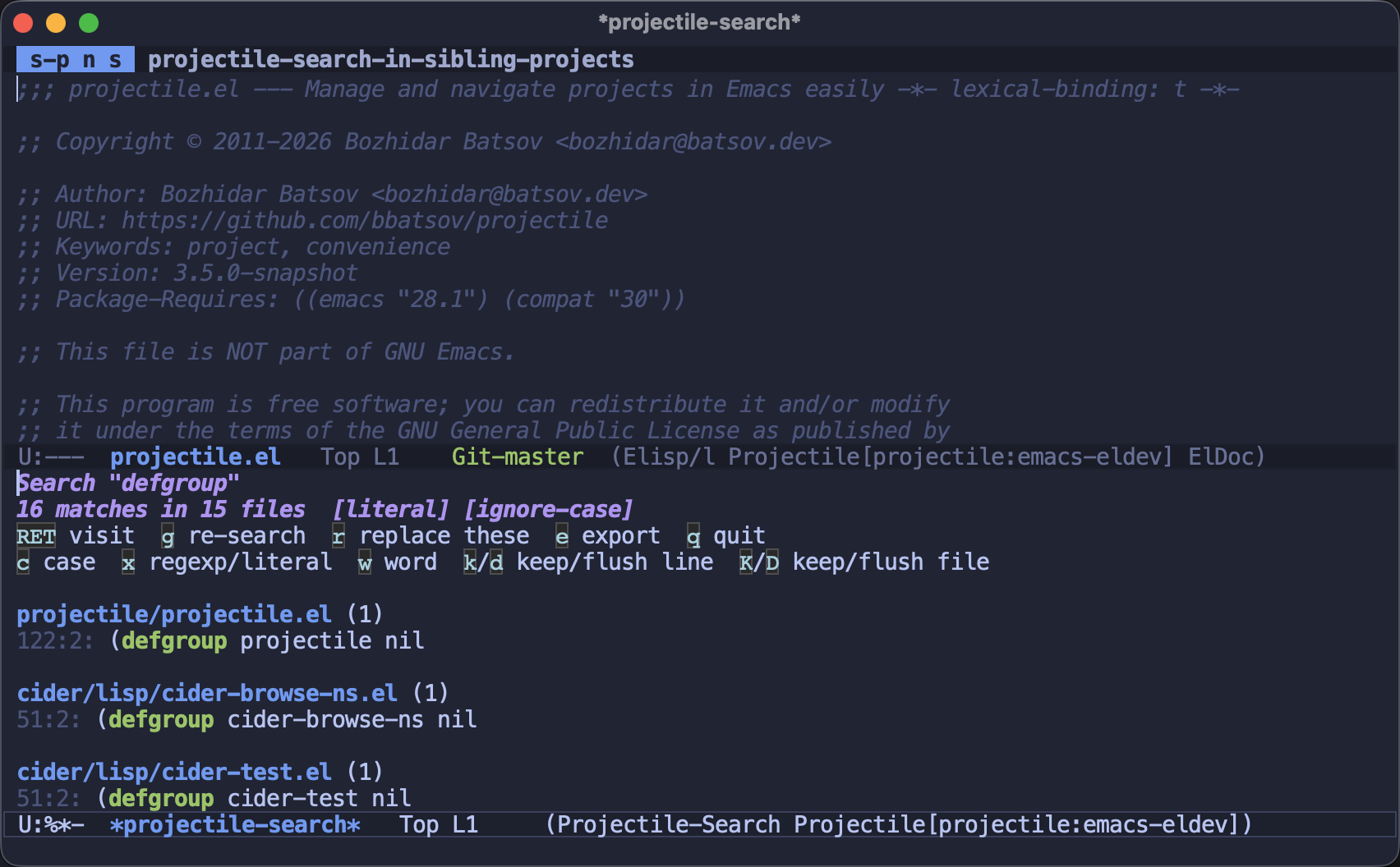 One search across a group of projects, its matches grouped by file and each path prefixed with the project it came from