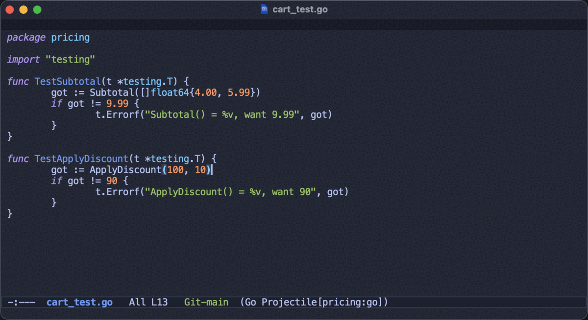 With the cursor inside one test function, projectile-run-test-at-point runs just that test and the compilation buffer reports it passing