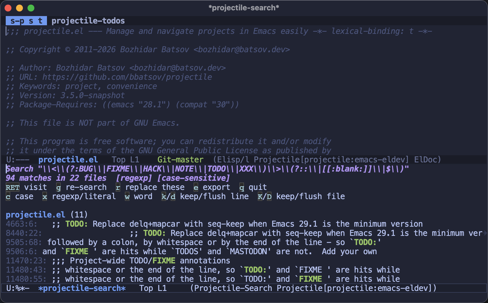 The projectile-todos results buffer, listing every TODO and FIXME in the project grouped by file